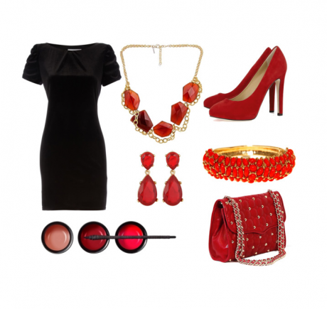 Vestido negro con accesorios rojos