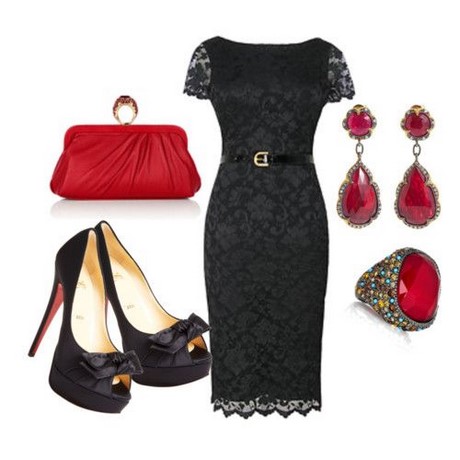 Vestido negro con accesorios rojos