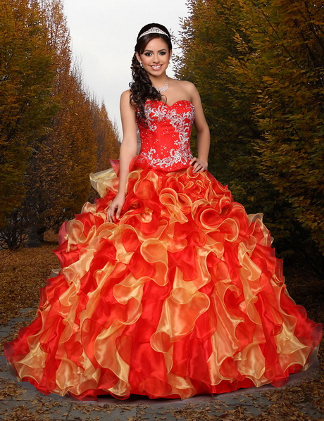 Red and gold quinceanera dresses