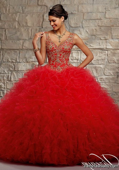 Red and gold quinceanera dresses