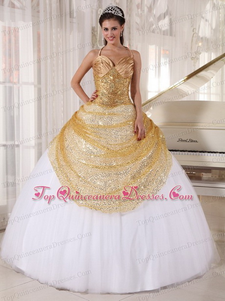 White and gold quinceanera dresses